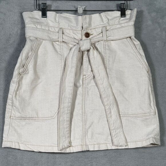 Free People Skirt Womens 8 Cream Splendor In Grass Paper‎ Bag Tie Waist Denim - Picture 1 of 9